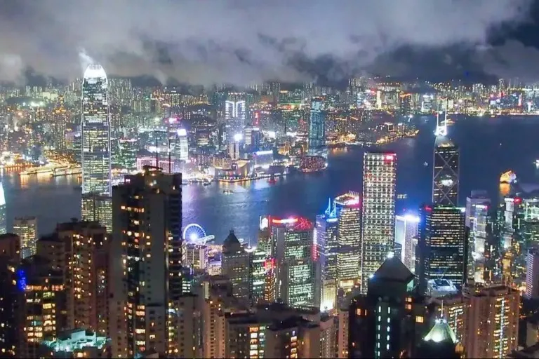 A bird's eye view of  Hong Kong cityscape at night