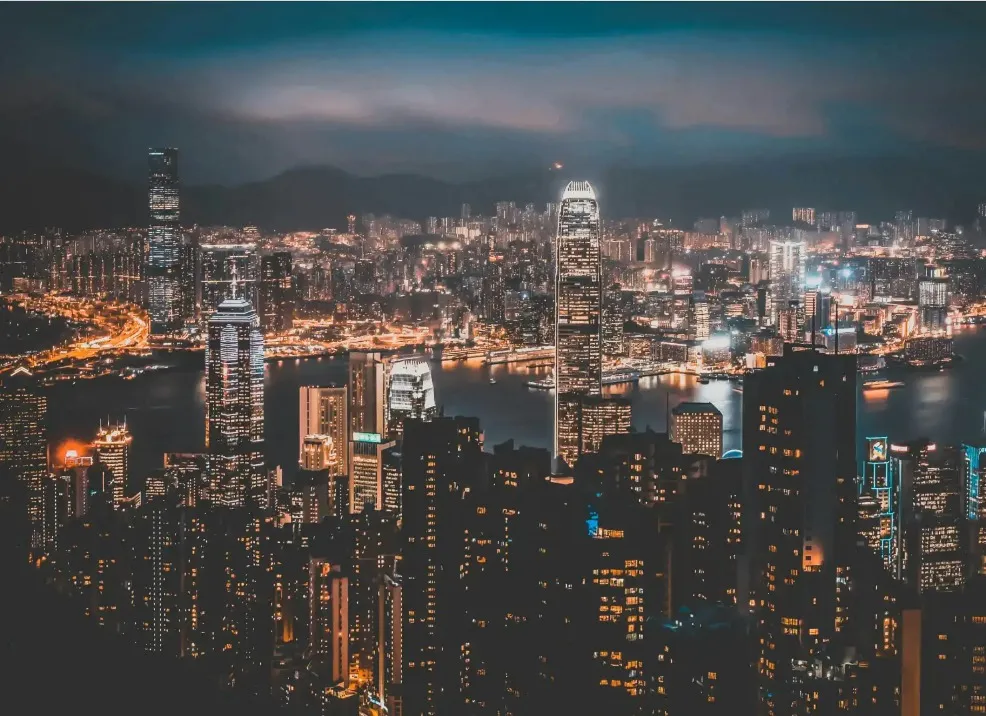 A birds eye view of Hong Kong skyline at night from The Peak