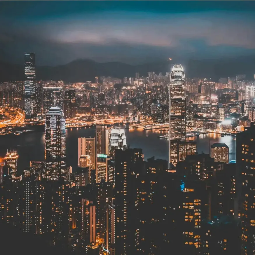 A birds eye view of Hong Kong skyline at night from The Peak