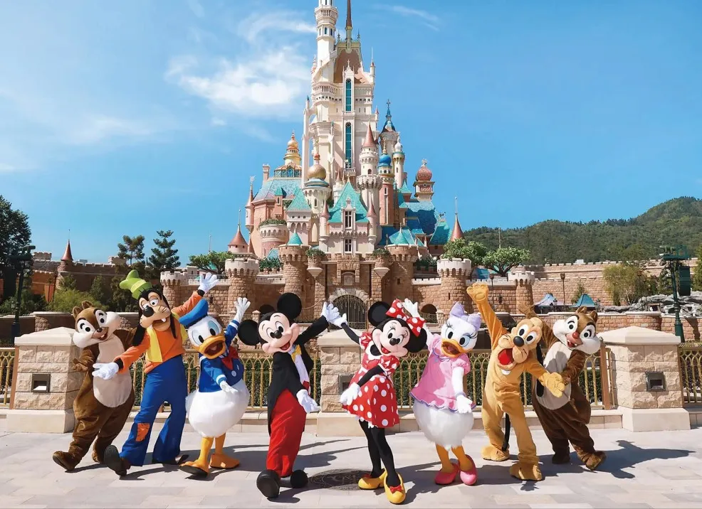 Mickey and friends in front of Hong Kong Disneyland