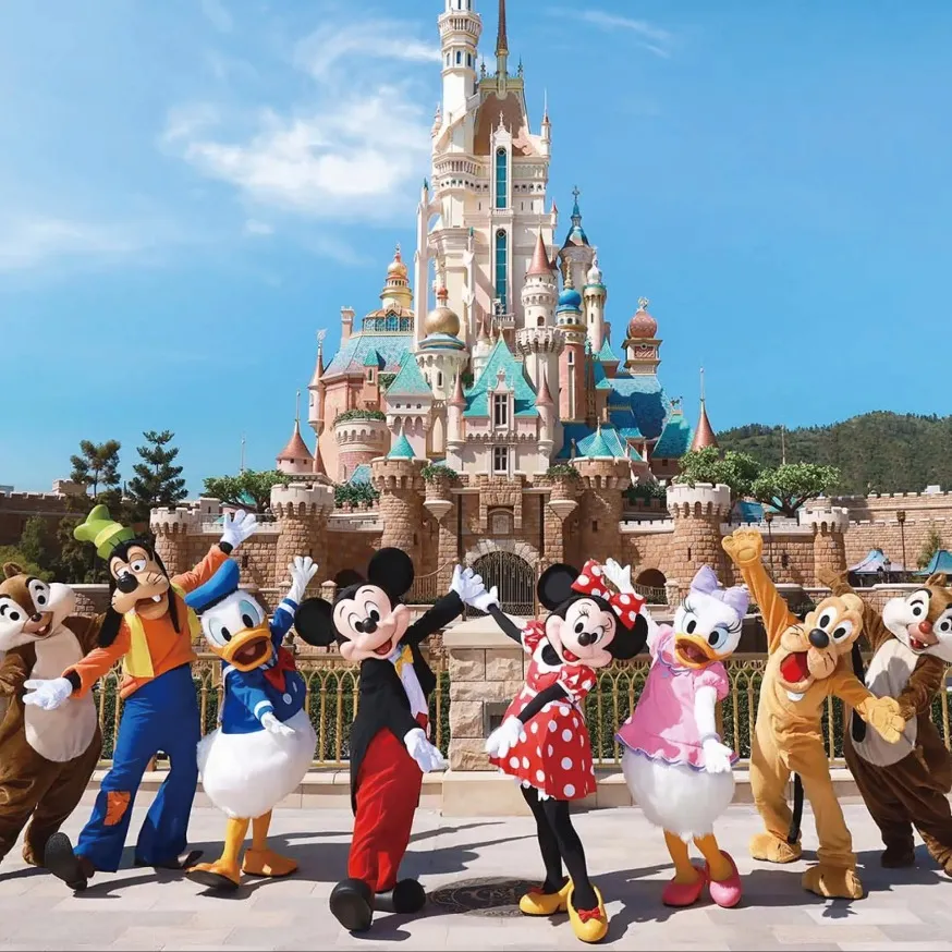 Mickey and friends in front of Hong Kong Disneyland